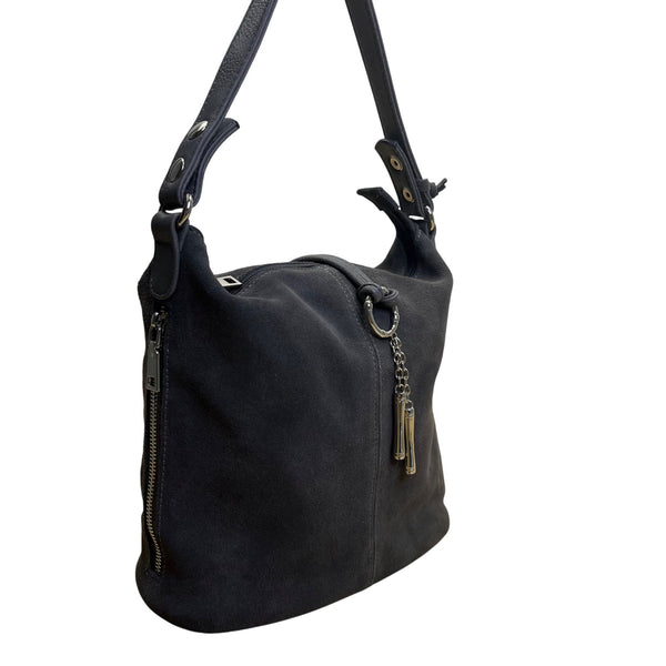 Nino Louise Womens Black Suede Shoulder Handbag With Silver Accents Size M