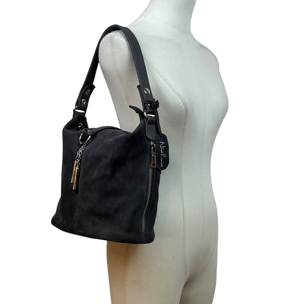 Nino Louise Womens Black Suede Shoulder Handbag With Silver Accents Size M
