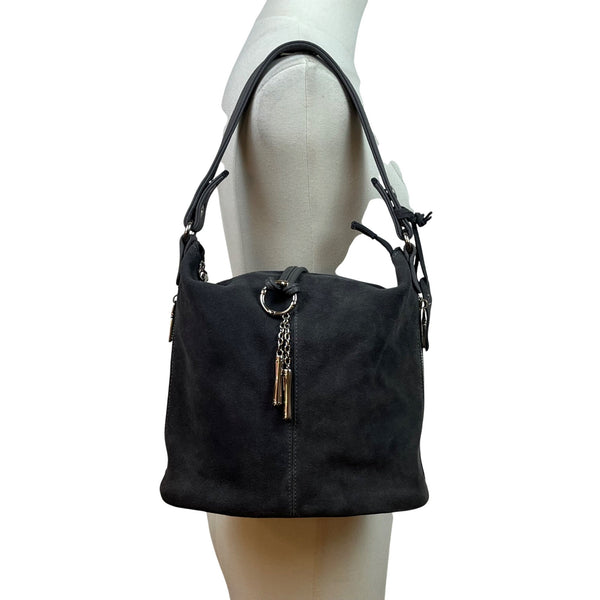 Nino Louise Womens Black Suede Shoulder Handbag With Silver Accents Size M
