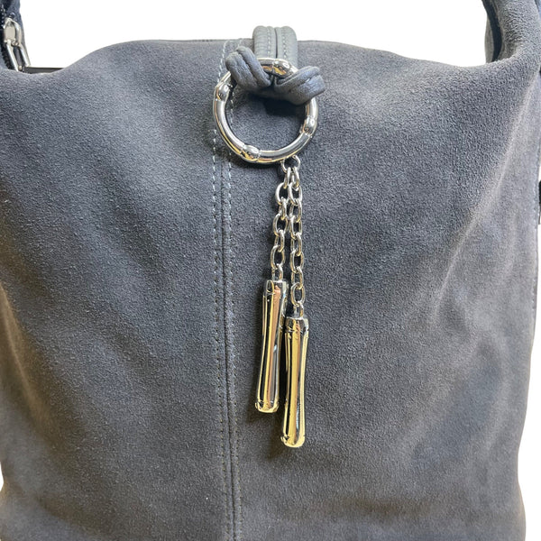 Nino Louise Womens Black Suede Shoulder Handbag With Silver Accents Size M