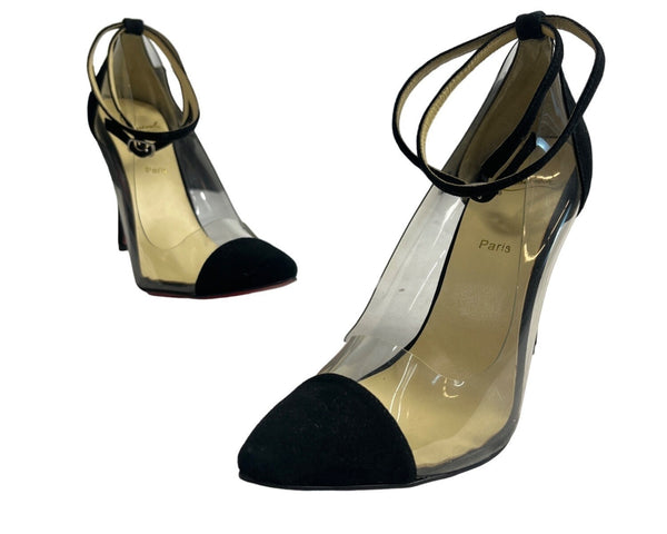 Christian Louboutin Women’s Black And Clear Pointed Toe Ankle Strap Heels Size 40