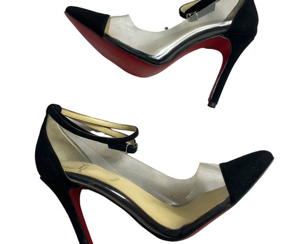 Christian Louboutin Women’s Black And Clear Pointed Toe Ankle Strap Heels Size 40