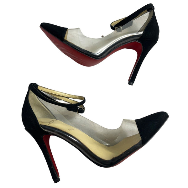Christian Louboutin Women’s Black And Clear Pointed Toe Ankle Strap Heels Sz 40