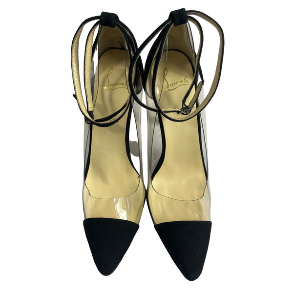 Christian Louboutin Women’s Black And Clear Pointed Toe Ankle Strap Heels Sz 40