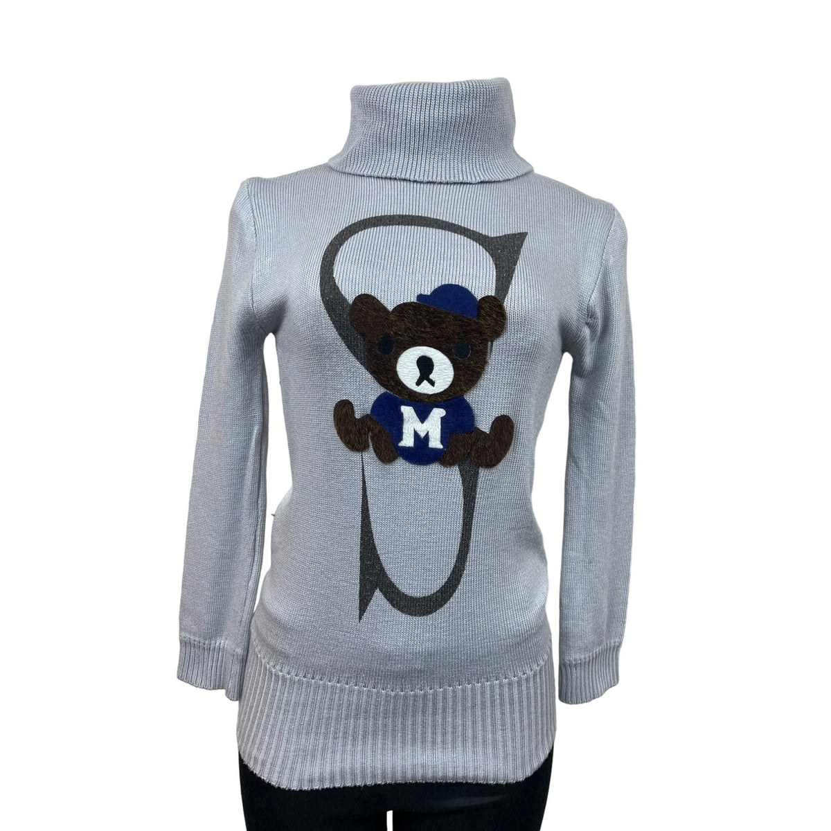 Handmade Women’s Grey Teddy Bear with S Letter Turtle Neck Sweater Sz S