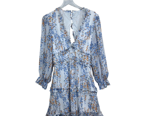 Floral Womens White Blue Orange Ruffle Tiered Long Sleeve V-Neck Dress Size M
