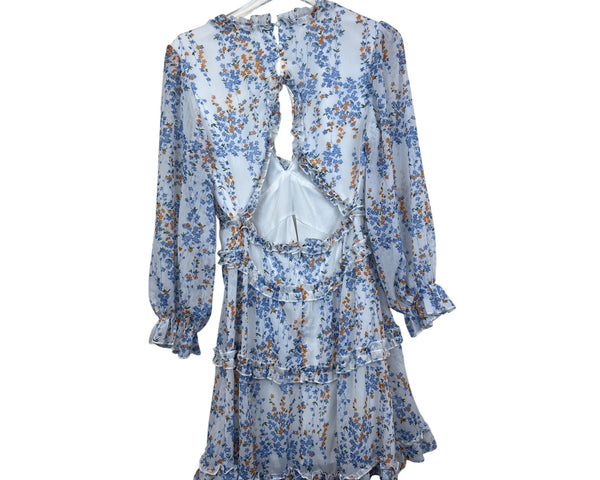 Floral Womens White Blue Orange Ruffle Tiered Long Sleeve V-Neck Dress Size M