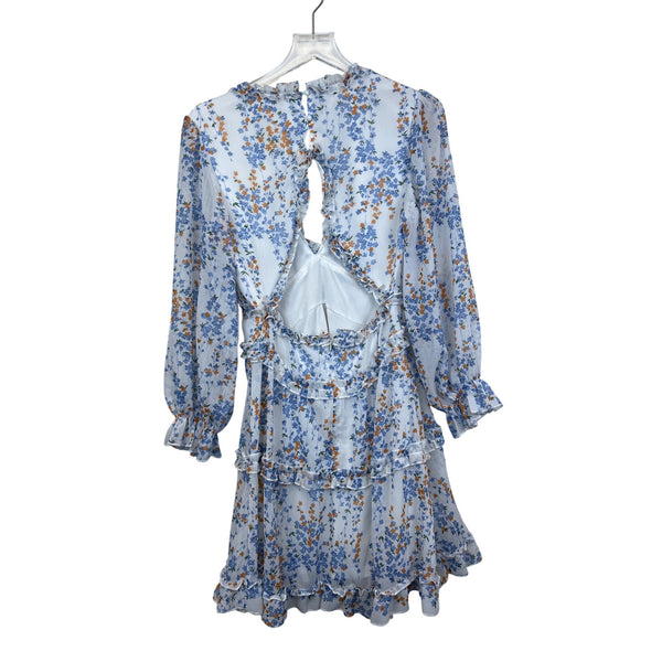 Floral Womens White Blue Orange Ruffle Tiered Long Sleeve V-Neck Dress Size M