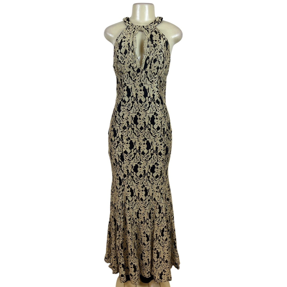 Nightway Black & Gold Halter Mermaid Long Lace Formal Dress Floral Sz 6