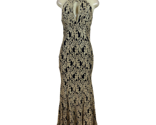 Nightway Black & Gold Halter Mermaid Long Lace Formal Dress Floral Sz 6