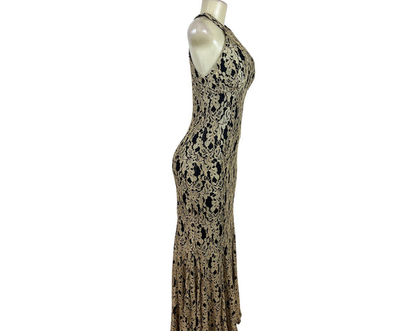Nightway Black & Gold Halter Mermaid Long Lace Formal Dress Floral Sz 6