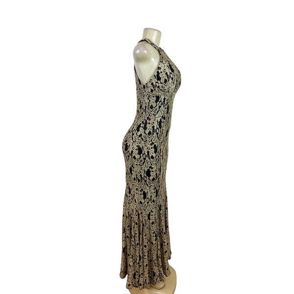 Nightway Black & Gold Halter Mermaid Long Lace Formal Dress Floral Sz 6