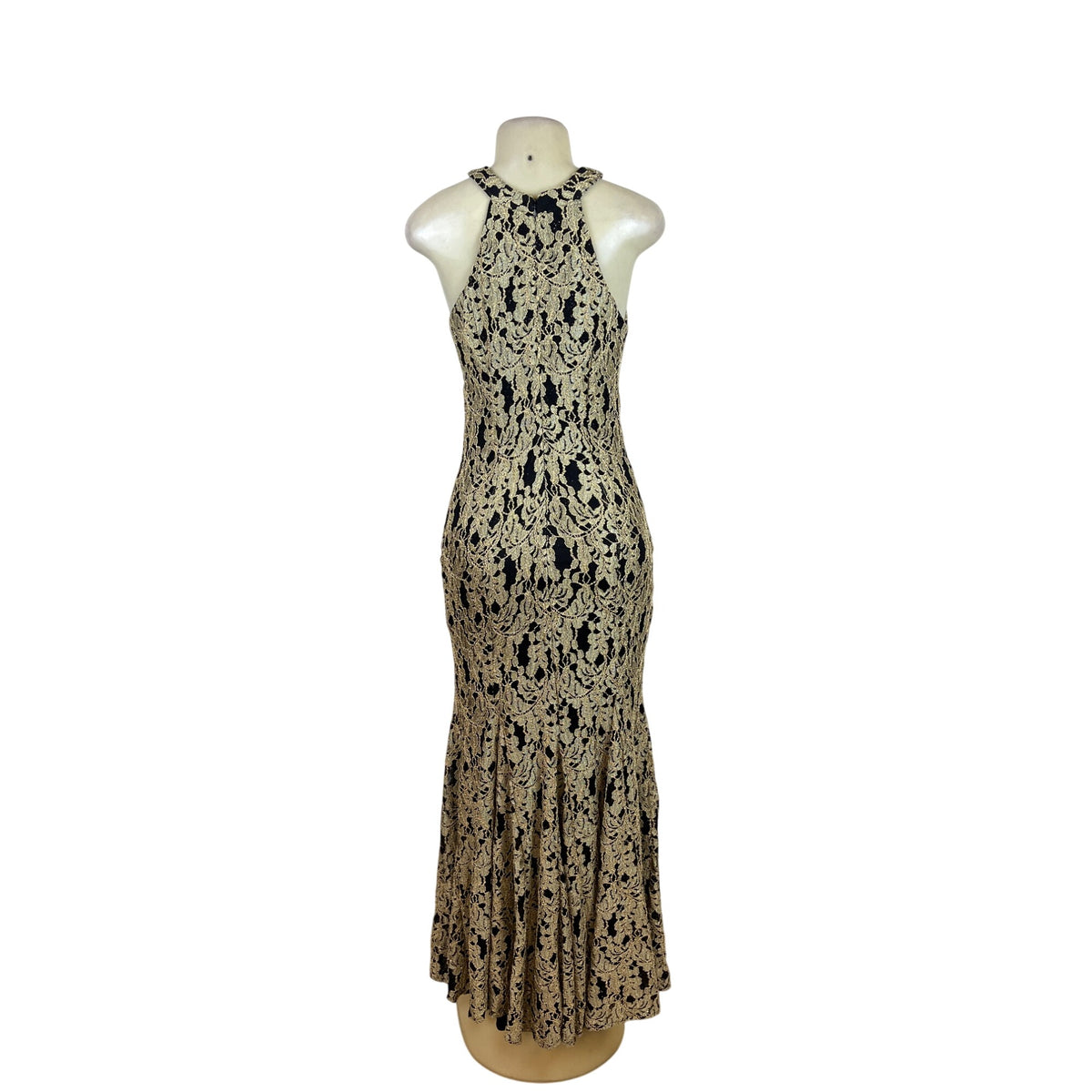 Nightway Black & Gold Halter Mermaid Long Lace Formal Dress Floral Sz 6