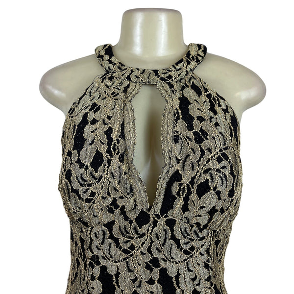 Nightway Black & Gold Halter Mermaid Long Lace Formal Dress Floral Sz 6