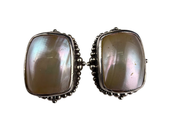 Vintage Sterling Silver 925 Clip-On Earrings Floral Etched MOP Cabochons Unique