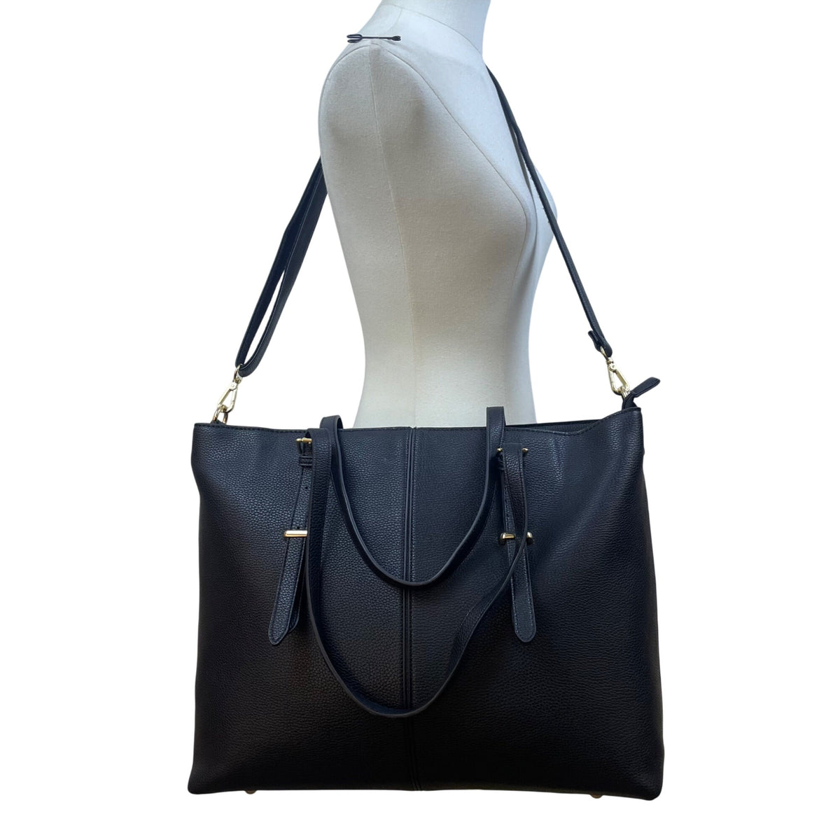 Women’s Black Faux Leather With Adjustable Straps & Gold Accents Tote Bag