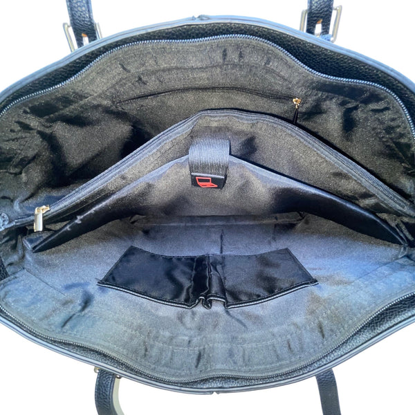 Women’s Black Faux Leather With Adjustable Straps & Gold Accents Tote Bag