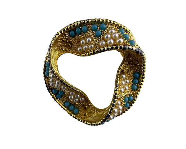 Vintage Gold Tone Brooch With Faux Pearl & Turquoise Embellishments