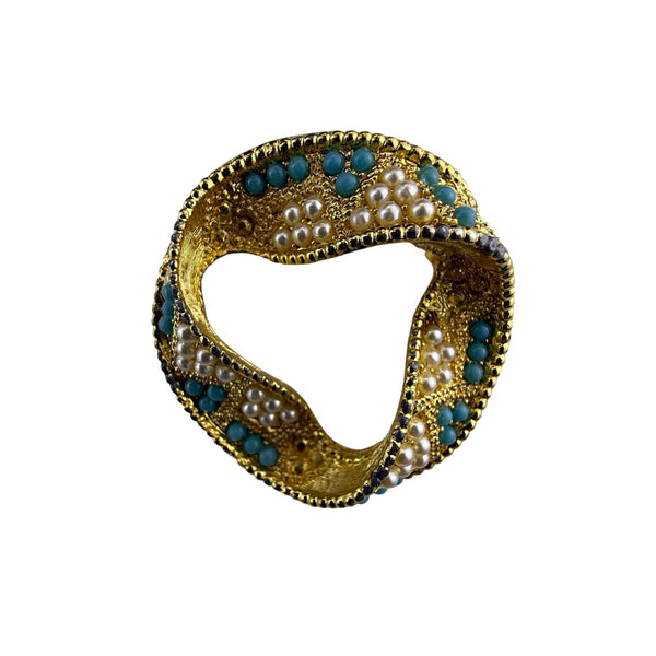 Vintage Gold Tone Brooch With Faux Pearl & Turquoise Embellishments