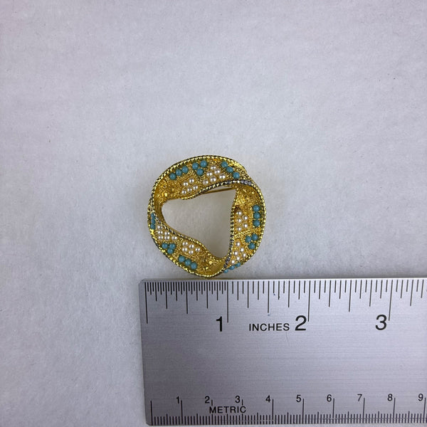 Vintage Gold Tone Brooch With Faux Pearl & Turquoise Embellishments
