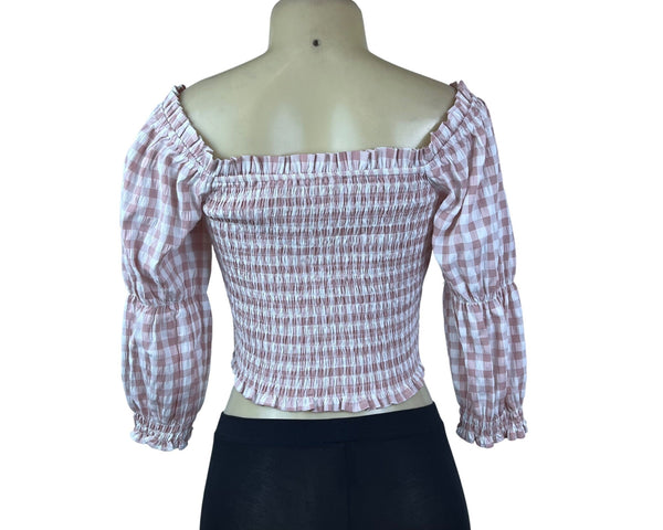 Mi Ami Women Pink Plaid Off-Shoulder Smocked Crop Top Sz M