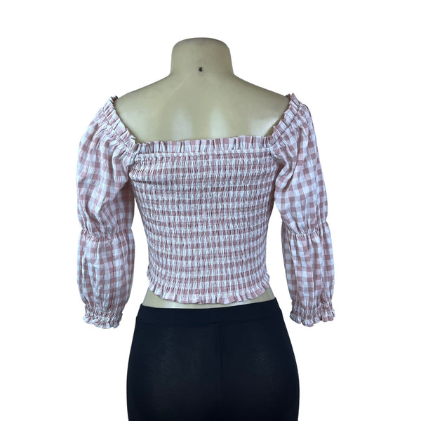 Mi Ami Women Pink Plaid Off-Shoulder Smocked Crop Top Sz M