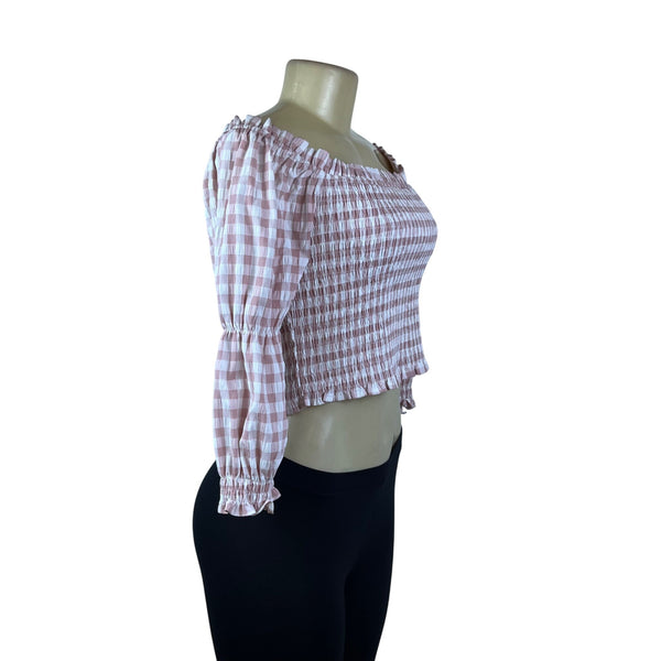 Mi Ami Women Pink Plaid Off-Shoulder Smocked Crop Top Sz M