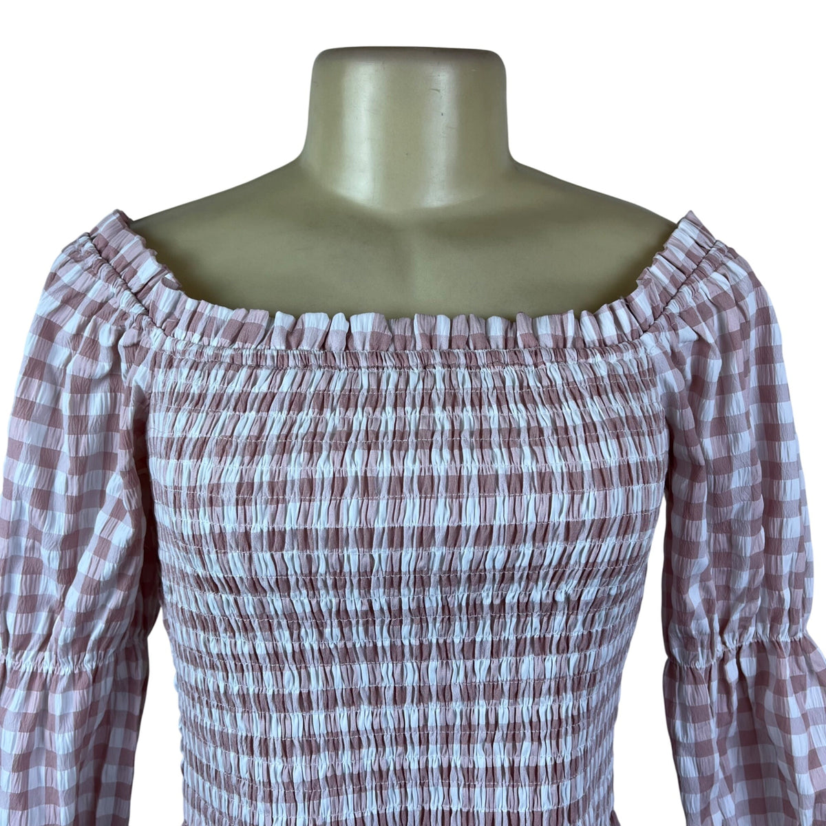 Mi Ami Women Pink Plaid Off-Shoulder Smocked Crop Top Sz M