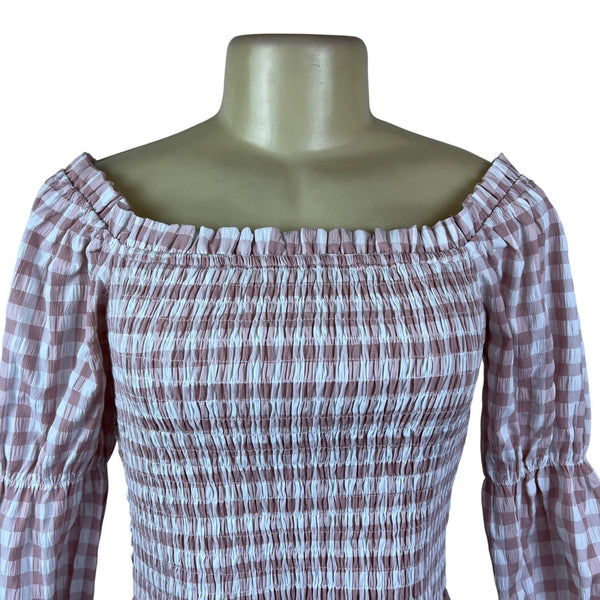 Mi Ami Women Pink Plaid Off-Shoulder Smocked Crop Top Sz M