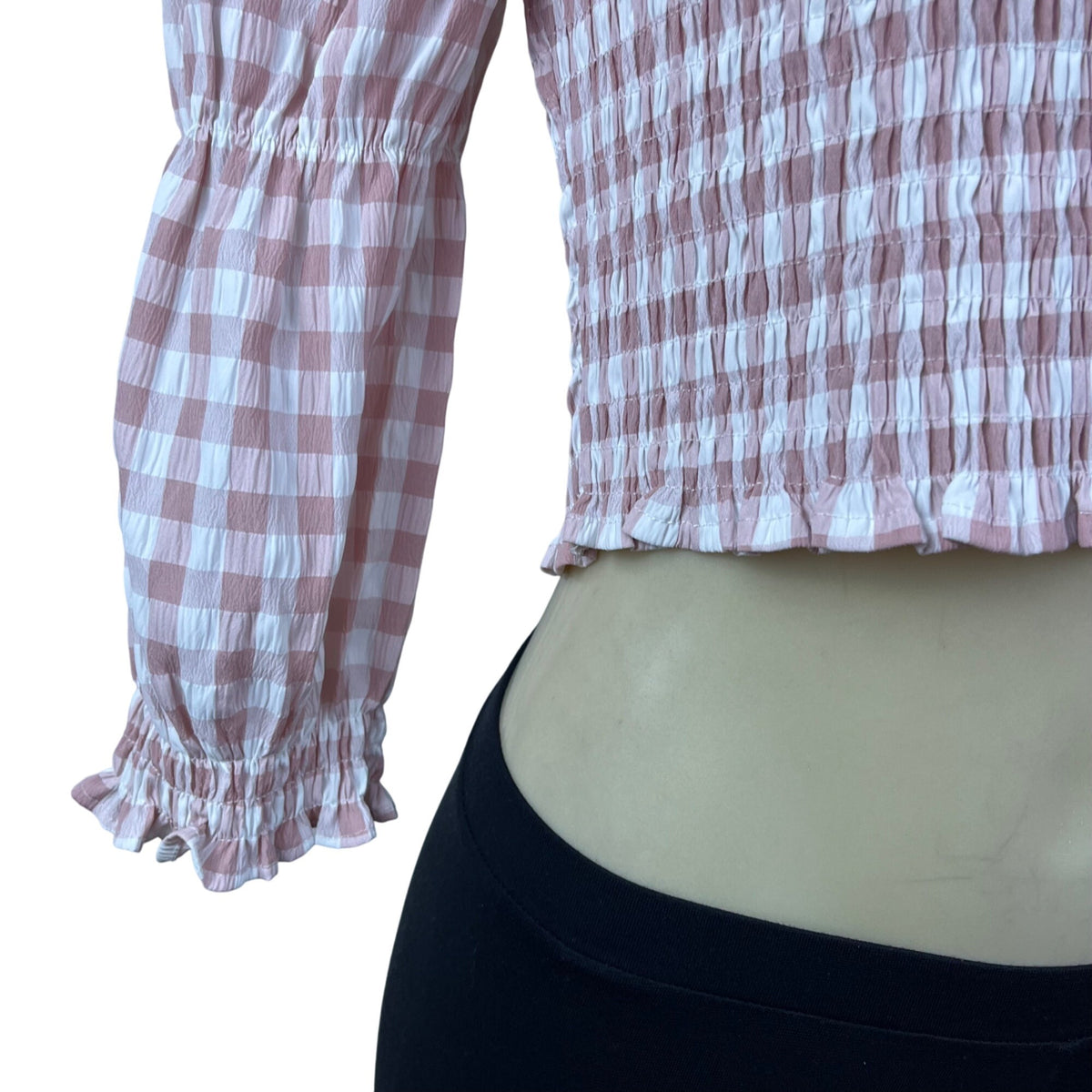 Mi Ami Women Pink Plaid Off-Shoulder Smocked Crop Top Sz M