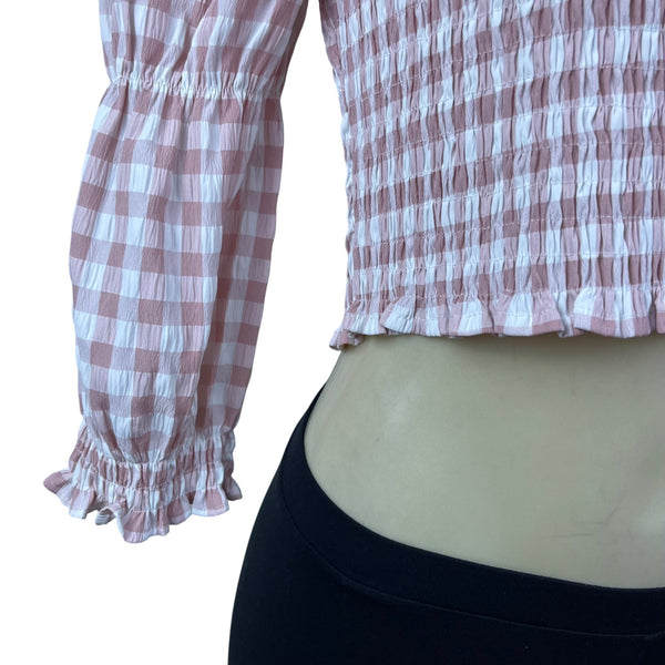 Mi Ami Women Pink Plaid Off-Shoulder Smocked Crop Top Sz M