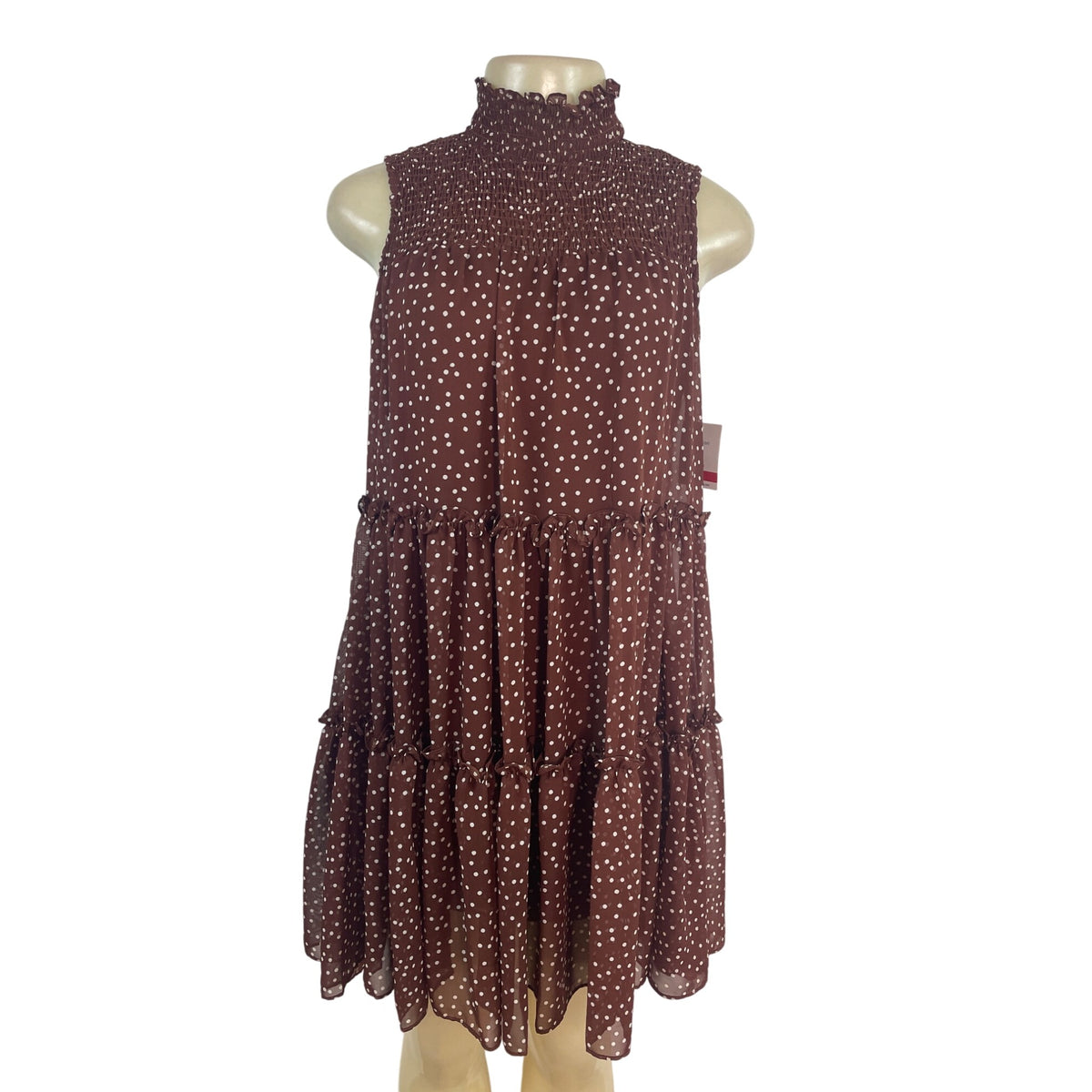 Taylor Women's Brown Polka Dot Tiered Dress With Mock Neck Sz XS - New
