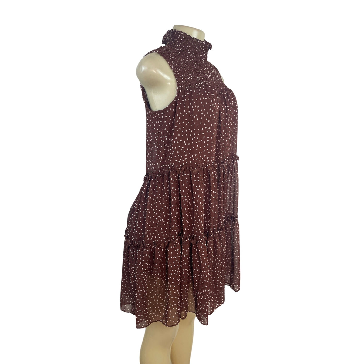 Taylor Women's Brown Polka Dot Tiered Dress With Mock Neck Sz XS - New