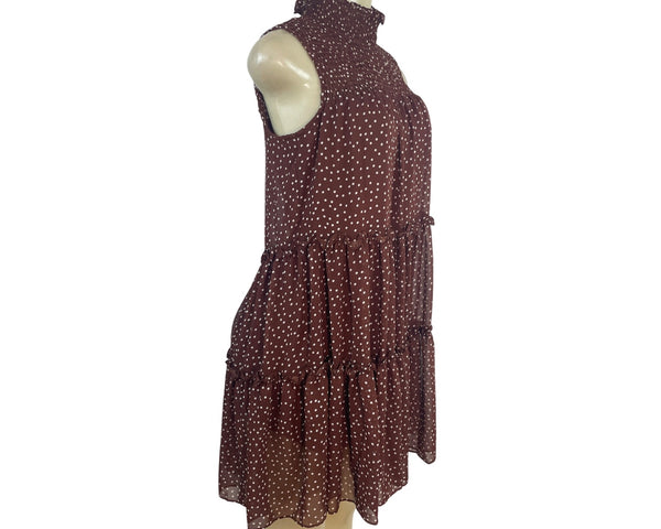 Taylor Women's Brown Polka Dot Tiered Dress With Mock Neck Sz XS - New