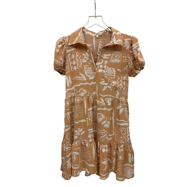 Mine Womens Beige/White Rayon Collared Short Sleeve Tiered Graphic Dress Medium