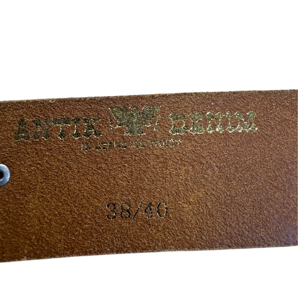 Antik Denim Brown Leather Belt W/ Silver Buckle & Decorative Studs Sz 38/40