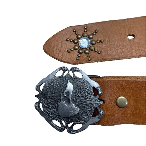 Antik Denim Brown Leather Belt W/ Silver Buckle & Decorative Studs Sz 38/40