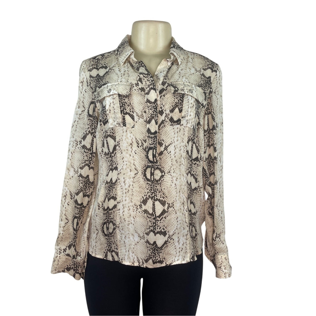White House Black Market Snakeskin Print Button-Up Blouse W/ Pockets Womens Sz 4