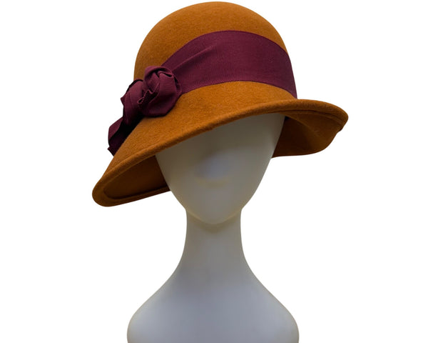 Kathy Jeanne Women’s Brown Felt Burgundy Ribbon Cloche Hat Stylish Vintage Look