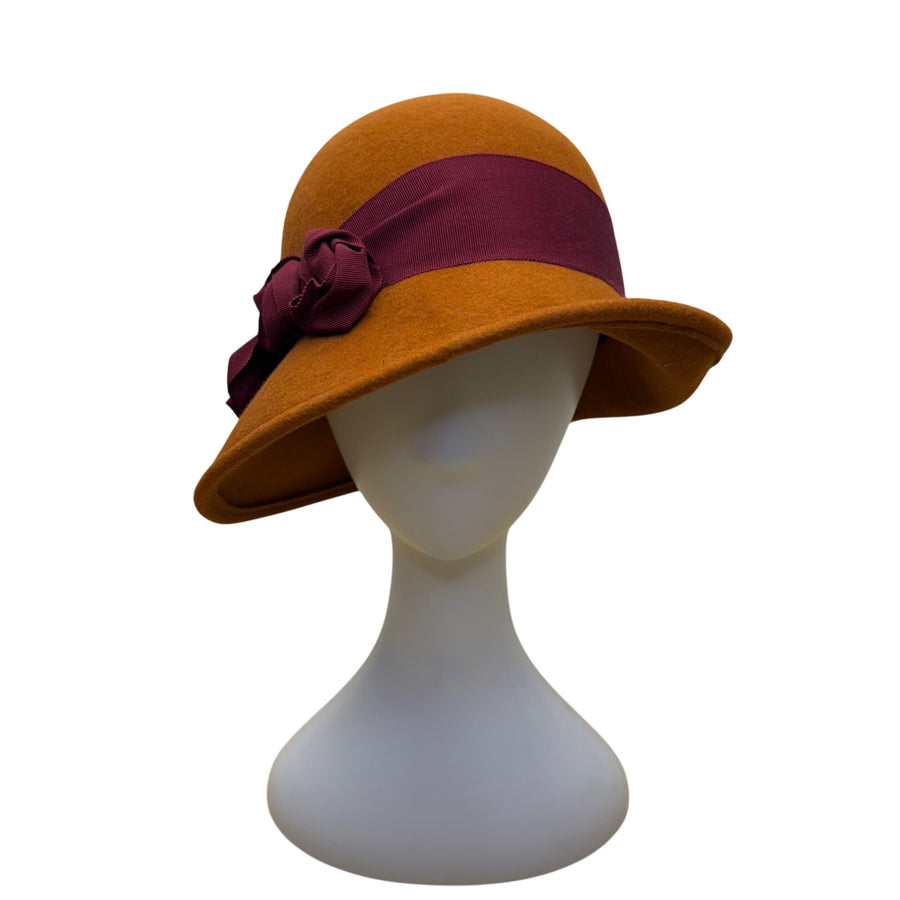 Kathy Jeanne Women’s Brown Felt Burgundy Ribbon Cloche Hat Stylish Vintage Look