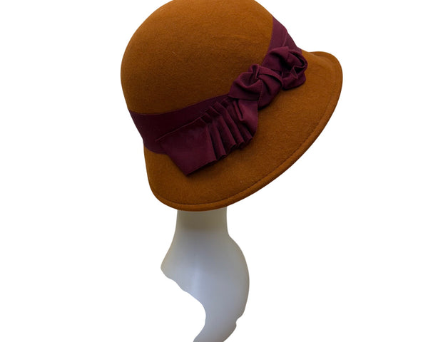 Kathy Jeanne Women’s Brown Felt Burgundy Ribbon Cloche Hat Stylish Vintage Look