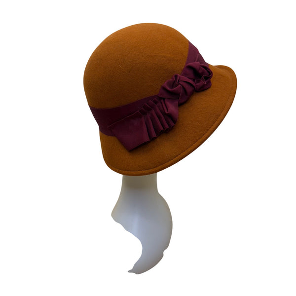 Kathy Jeanne Women’s Brown Felt Burgundy Ribbon Cloche Hat Stylish Vintage Look