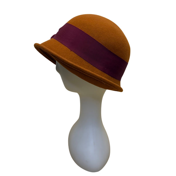 Kathy Jeanne Women’s Brown Felt Burgundy Ribbon Cloche Hat Stylish Vintage Look