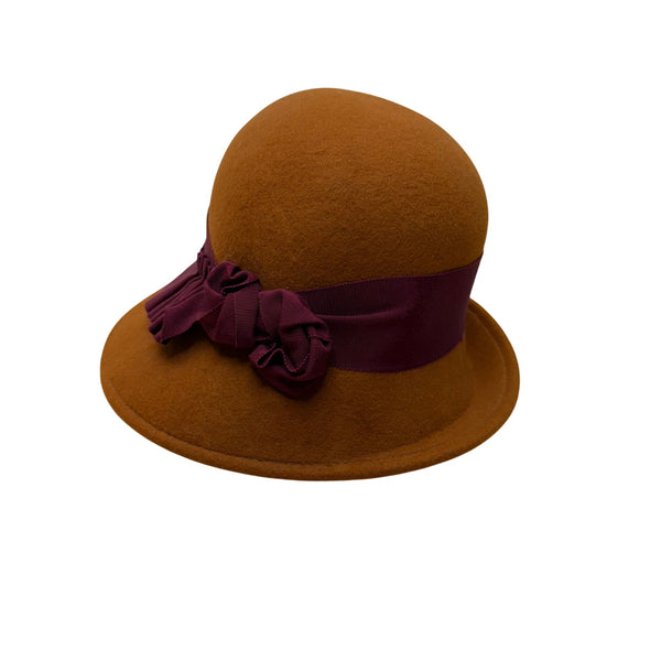 Kathy Jeanne Women’s Brown Felt Burgundy Ribbon Cloche Hat Stylish Vintage Look
