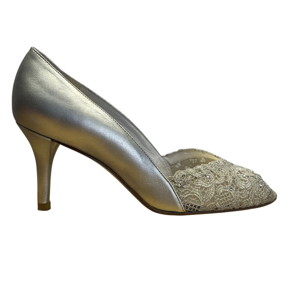 Stuart Weitzman Women’s Gold Chantilly Lace Chantelle Peep Toe Heels Size M6