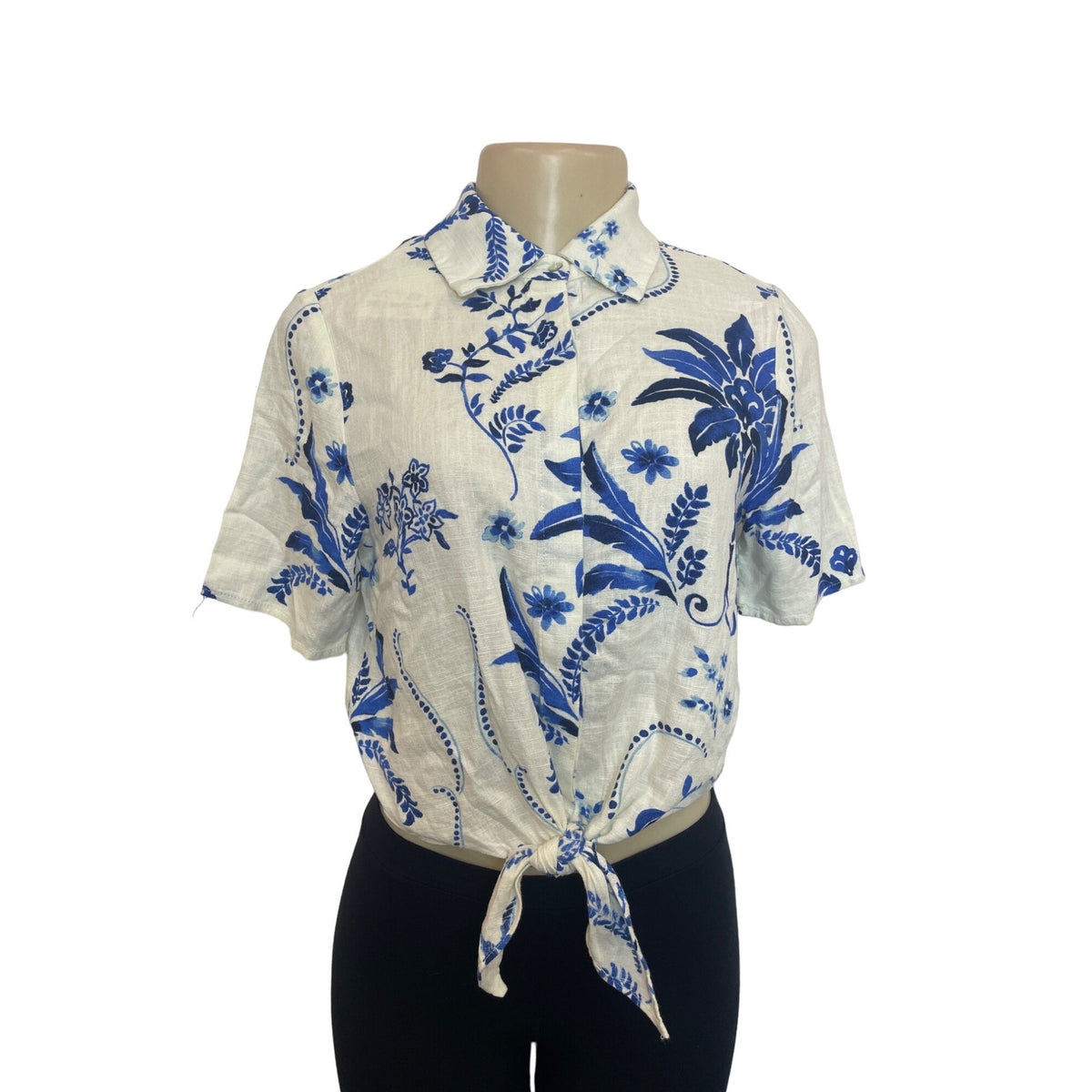 Industry Women's White With Blue Floral Print Button Up Shirt Sz XS- NWT