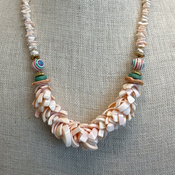 Vintage Pink Heishi Bib Shell Hawiian Necklace - 20in
