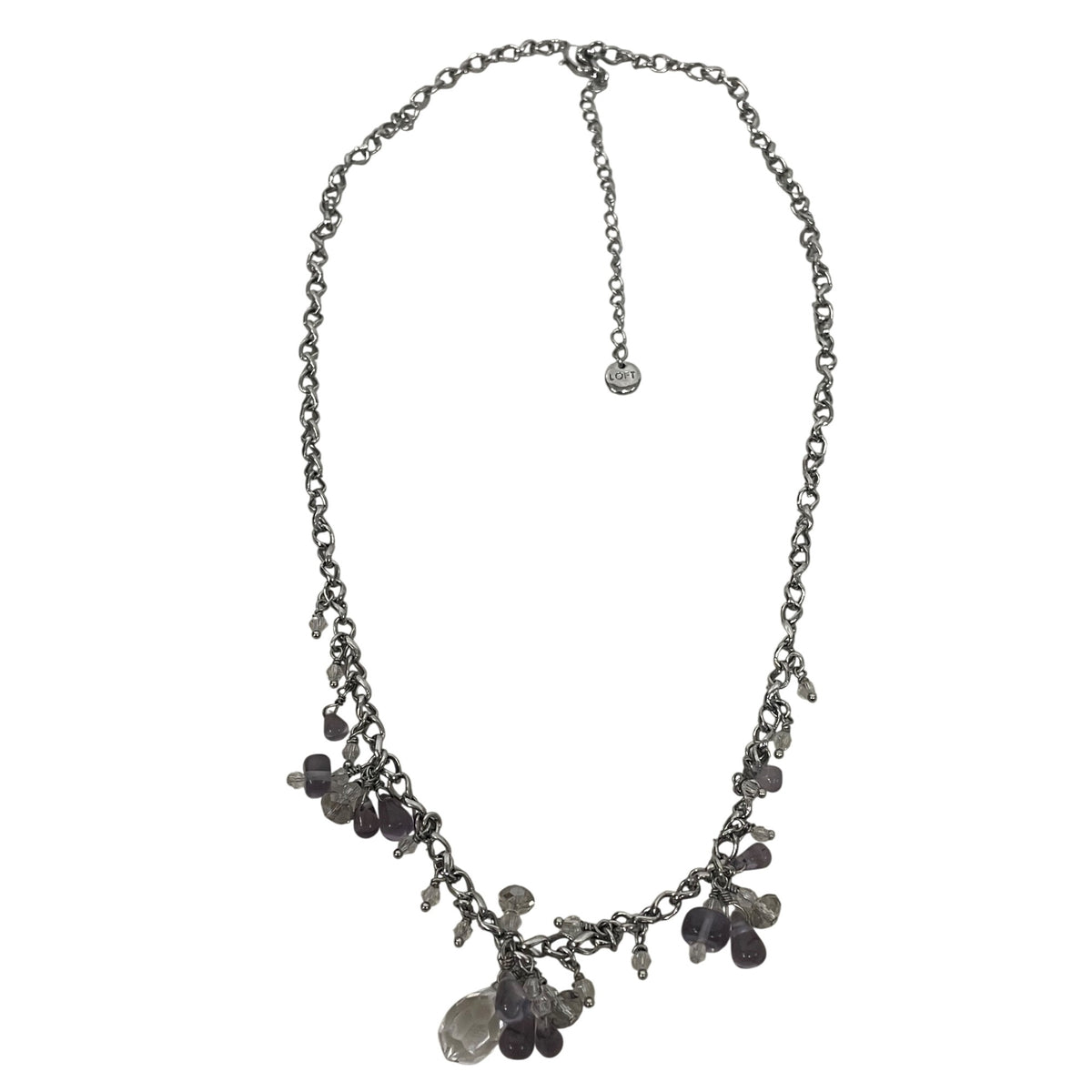 Ann Taylor Loft Womens Silver-Tone Chain Necklace With Purple & Clear Beads Adjustable