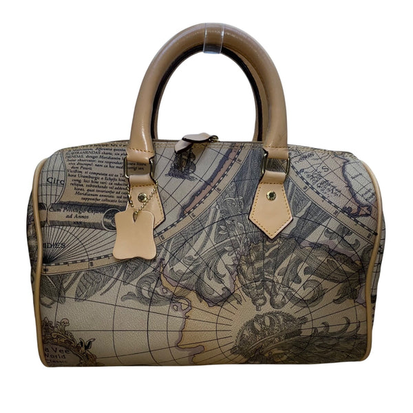 Millionaire Women’s Tan Antique Map Print Leather Via Vee World Satchel Bag