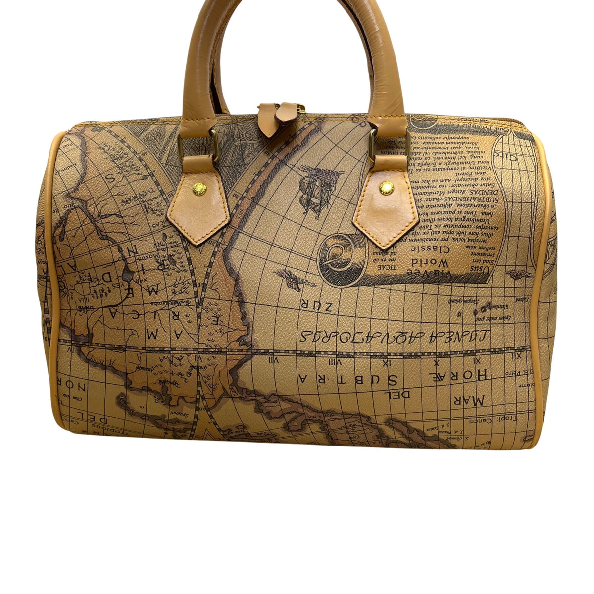Millionaire Women’s Tan Antique Map Print Leather Via Vee World Satchel Bag